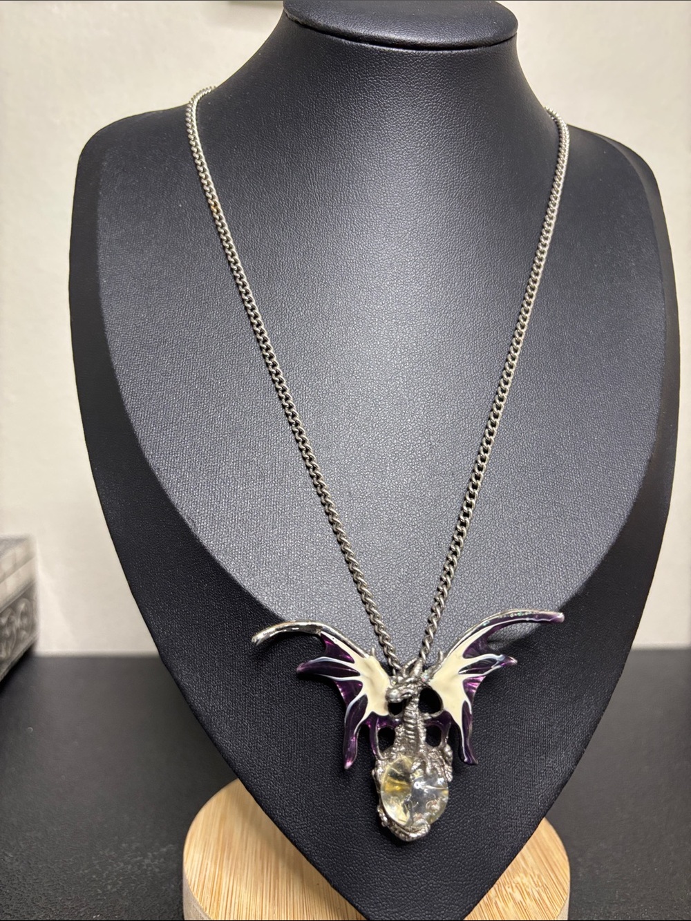 Gothic Dragon Wings Glass Ball Pendant Necklace - Purple & Silver